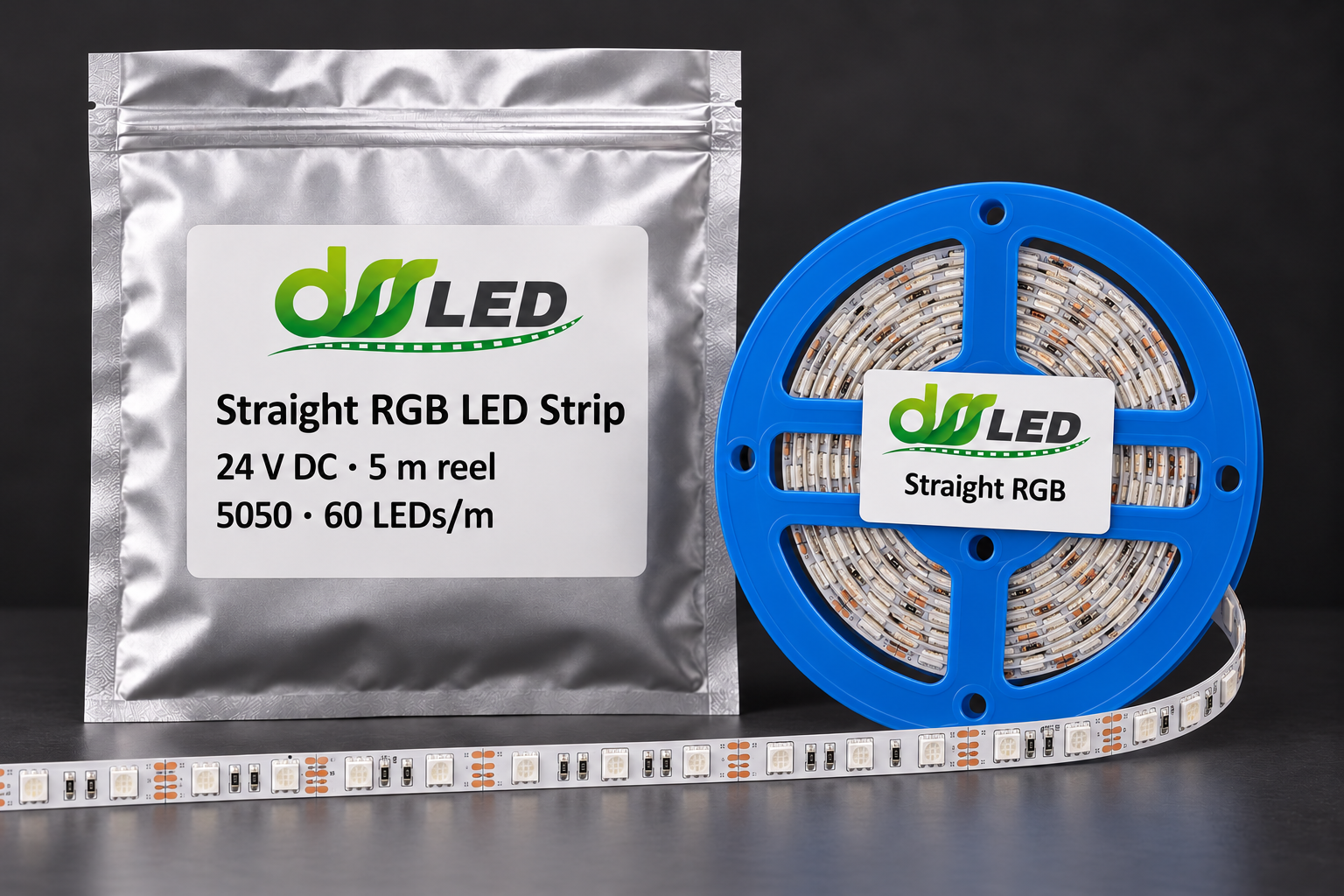 DSS LED branded studio composite of the straight 5 m 5050 RGB strip reel and pouch
