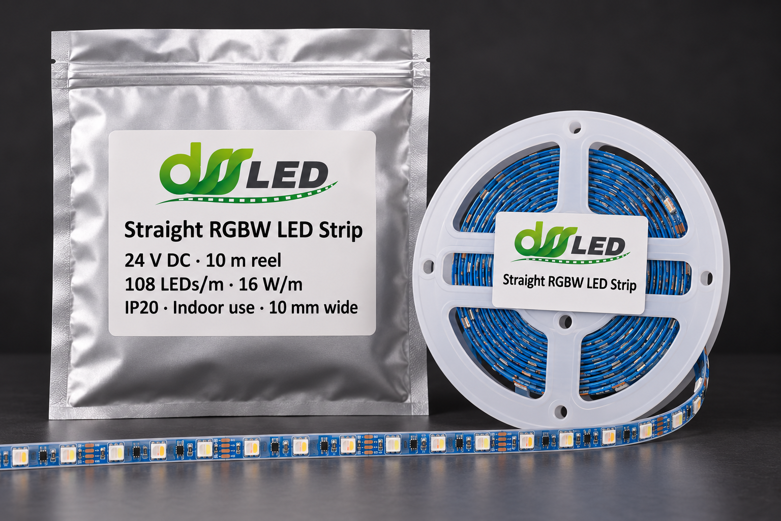 DSS LED branded studio composite of the straight 10 m RGBW strip reel and pouch